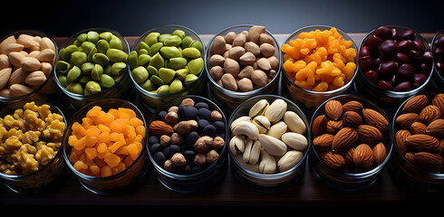 large assortment of different types of nuts in plates for supermarket sale. vegan food. natural vitamins.