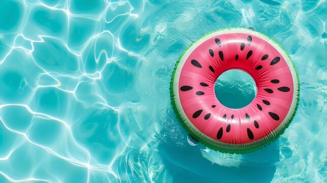 Top view of colorful inflatable ring watermelon toy in swimming pool water from above, Generative Ai