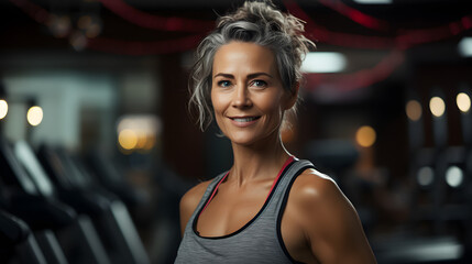 Fototapeta premium A fashionable lady exudes confidence and happiness as she poses indoors in a stylish sleeveless shirt, her beaming smile and active tank top adding a touch of playfulness to her overall look