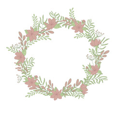 Delicate round floral frame in green and pink colors. Botanical design element for decorating invitations, cards, covers. Flora in flat style.