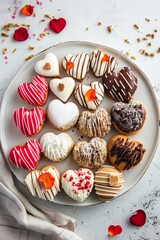 Heart-shaped donuts on a white plate, top view.