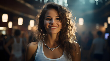 A fashionable woman with long, layered hair and a bright smile looks confidently at the camera, radiating a sense of joy and style on the bustling street