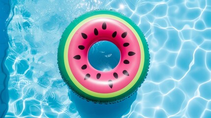 Top view of colorful inflatable ring watermelon toy in swimming pool water from above, Generative Ai