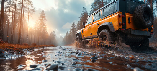A yellow 4x4 offroad vehicle splashes through mud in a forest, showcasing an adventurous spirit. Sunlight filters through the trees, highlighting the action. - obrazy, fototapety, plakaty
