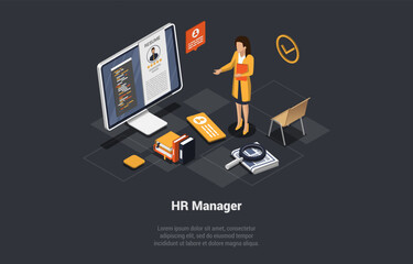Recruitment agency, Hiring Employees. HR Manager Reading CV, Choosing Best Candidates For Hire Job. Woman Employee Is Searching For Professional Talented Employees. Isometric 3d Vector Illustration