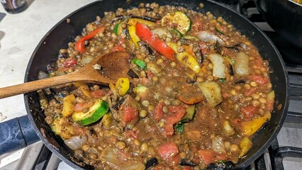 Wok frying pan full of home cooked food