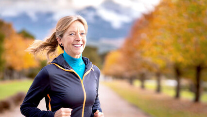 Seniorin beim Joggen in der Natur 