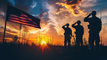 Silhouettes of soldiers saluting on background of sunset or sunrise and USA flag. Greeting card for Veterans Day. Soldiers saluting against a vibrant sunset, honoring their service. - obrazy, fototapety, plakaty