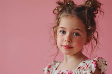 Charismatic and cute young girl model on a pink background, captured in high definition, exuding a delightful blend of cuteness and contemporary fashion with charm.