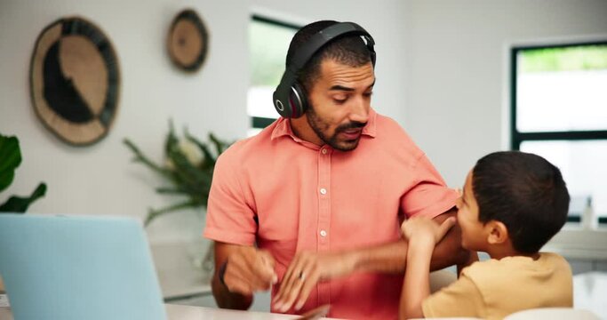 Father, child and stress from remote work in home with annoying kid, video call and discipline in house. Frustrated, dad or working with distraction as freelancer with virtual communication on laptop