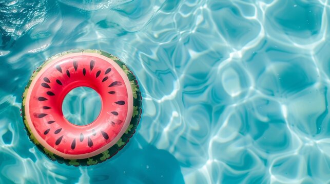 Top view of colorful inflatable ring watermelon toy in swimming pool water from above, Generative Ai