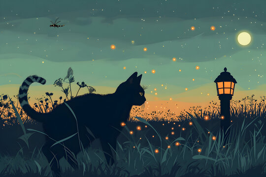 A cat walking through a firefly-filled field at night