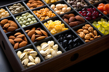 large assortment of different types of nuts in wooden boxes for the supermarket. vegan food. natural vitamins