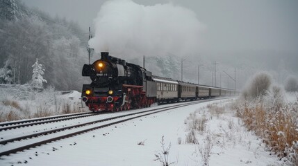 Steam train ride in winter snow travel scene - obrazy, fototapety, plakaty