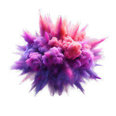 A burst of purple and pink powder explodes against a gray background, its wispy tendrils reaching outwards