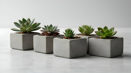 Row of little succulent plants in modern geometric concrete planters isolated on white background, with copy space