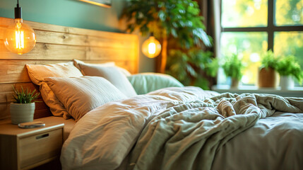 cozy bedroom with a comfy bed, warm hanging lights, wooden headboard, and green plants by the window, creating a peaceful and natural atmosphere - obrazy, fototapety, plakaty