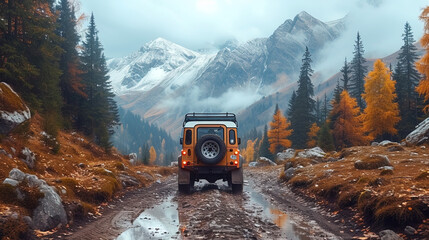 A 4x4 vehicle navigates a muddy trail amidst golden autumn trees, under the misty mountains, embodying the spirit of off-road adventure.