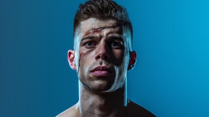 Portrait of a young man with a bloody face on a blue background