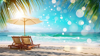 Deck-chairs, parasol, leaves palm in tropical beach. Sunny day sand and ocean. Abstract defocused background. Mockup. Lounge in paradise.
