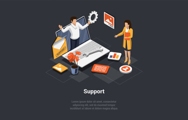 Call Center, Technical Support 24 7 Concept. Hotline Operator Advise Customers. Businessman Virtual Online Consultant Gives Advices And Helps Woman To Solve Problems. Isometric 3d Vector Illustration