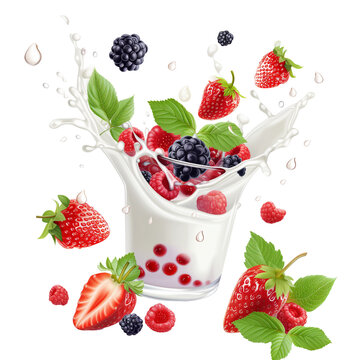 3d fresh summer cocktail,Milk wave splash with forest berries. Realistic dairy drink flow with strawberry, blackberry, raspberry, green leaves and drops. Isolated on transparent background