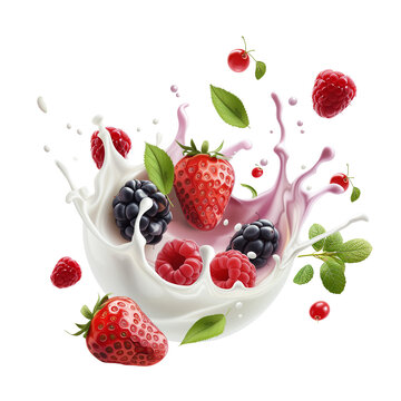 3d fresh summer cocktail,Milk wave splash with forest berries. Realistic dairy drink flow with strawberry, blackberry, raspberry, green leaves and drops. Isolated on transparent background