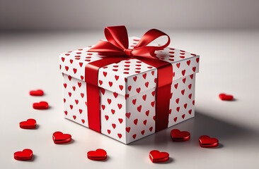 The gift box is tied with a red ribbon on a white background. Red hearts are randomly arranged on the surface. Making a gift, a pleasant surprise, a design idea. Generative