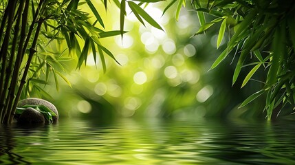 Bamboo background - lush foliage with reflection on the water. Close-up. Reflections of serenity in a bamboo wonderland.
