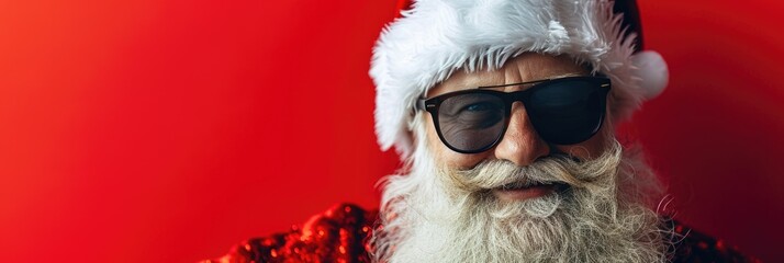 Hipster Santa Claus with Sunglasses Wishing Merry Christmas on Festive Red Background