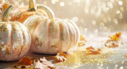 Obraz na płótnie Canvas Glitzy Halloween: Luxurious Gold Pumpkins and Confetti on Blush Background