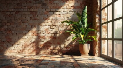 Minimalist Room with Plant and Brick Wall - 3D Rendering