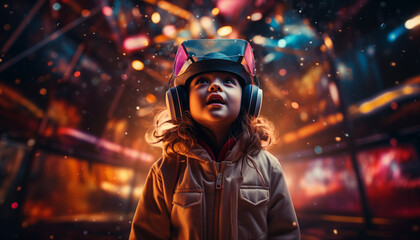 Happy young child wearing a virtual reality headset on a bokeh lights background, AI generated image