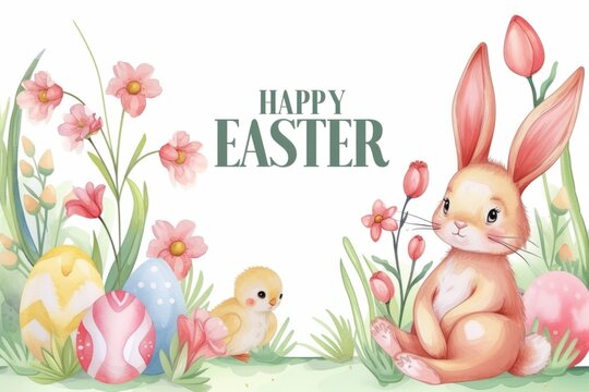 Happy Easter watercolor bunny, chick, and butterflies with colorful eggs and flowers Generative AI