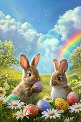 Fototapeta na wymiar Hoppy Easter to you! Bunnies, eggs, and daisies create a heartwarming scene under the beautiful sky.
