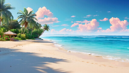 tropical paradise beach with white sand and coco palms travel tourism wide panorama background concept
