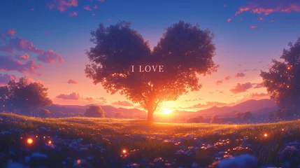 Papier Peint photo Lavable Aubergine Serene Sunset Landscape with Romantic Love Message