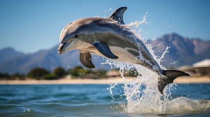 Perfect image of dolphin jumping from the water in wild environment, close to the shore, beach and mountains in background. Clean and happy waters concept.