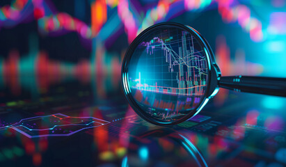 Fototapeta na wymiar Focused Financial Review: Stock Market Analysis Through Magnifying Glass