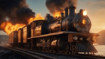 steam train in the woods  burning, steampunk train exploding on fire,   - obrazy, fototapety, plakaty