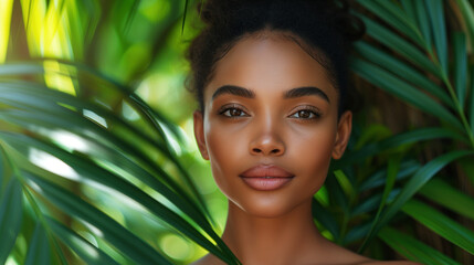 Portrait of a young and beautiful African woman with perfect smooth skin against a background of tropical leaves. The concept of natural cosmetics and skin care