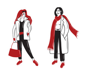 Two beautiful fashion girls standing and posing. Long red hair woman with bag in overalls and sleeveless jacket. Square haircut girl with red scarf in coat, Hand drawn vector doodle illustration.