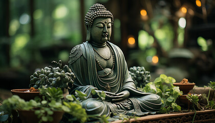 Meditating Buddha statue brings tranquility to nature green harmony generated by AI