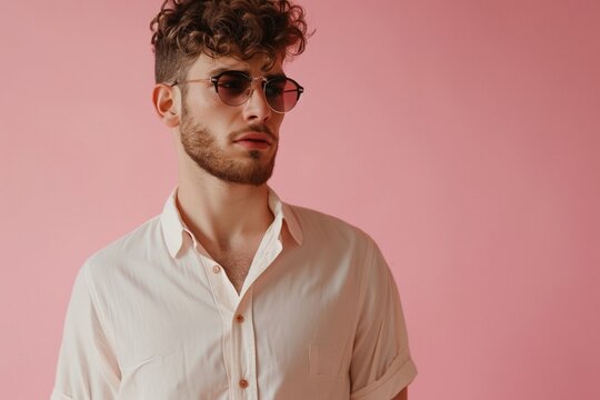 Stylish young men model on a pink background, photographed in high definition, exuding confidence and modern style with a fashionable presence.