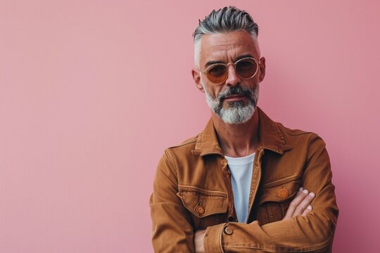 Trendy and confident middle-aged men model on a pink background, photographed in high definition, showcasing a modern and stylish presence with charm.