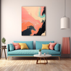 Illustration of urban modern interior with abstract painting, art. Living room or hall with large windows and a lot of lights. Big City. Trendy minimalistic concept design art. Generative Ai content.