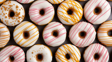 Top view of many delicious donuts in yellow, white, pink. Delicious food background