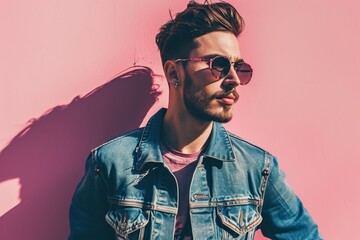 Trendy young men model on a pink background, captured in high definition, radiating confidence and style with a fashionable and charismatic demeanor.