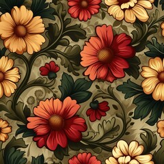 Seamless vintage-colored floral background with minimalist flower designs.
