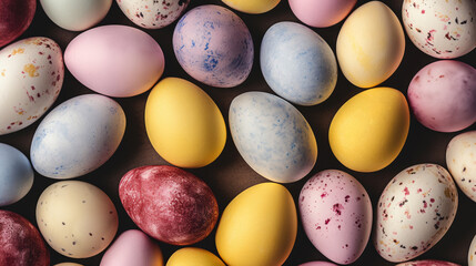 Top view of different easter eggs in various colors, pink, yellow, lilac. Background filled with colorful eggs
